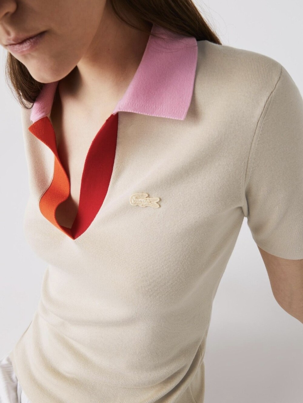 NWOT Lacoste Cream Polo Pink Red Orange Colorblock Collared Top 34 Extra Small - Picture 5 of 8